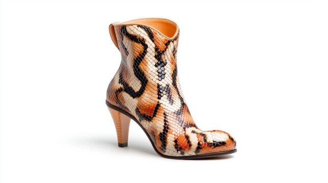 Stylish Snake-Patterned Boot with High Heel on White Background. Generative AI