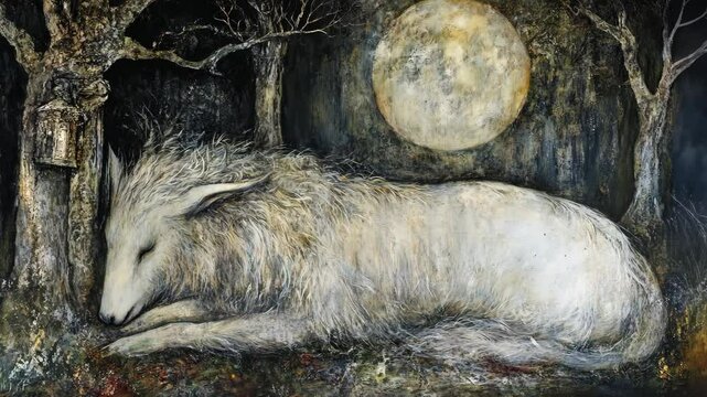 Soft white creature rests peacefully under a full moon surrounded by dark trees and a mystic atmosphere