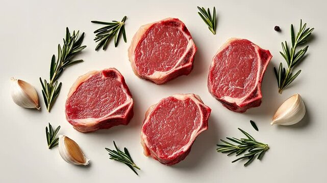 Fresh cuts of meat arranged with herbs and garlic