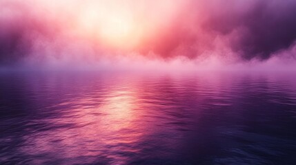 Dreamy sunset over a calm ocean with foggy skies. Generative AI