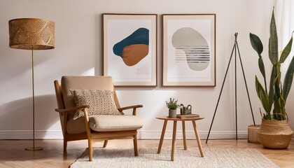 Minimalist Retro Living Room Design Vintage Armchair in a Mockup Poster Map Backdrop, Radiating a Cozy yet Elegant Ambiance with Muted Neutrals and Geometric Patterns.