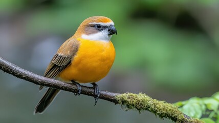 Closeup of a Vibrant Yellow Bird on Mossy Branch