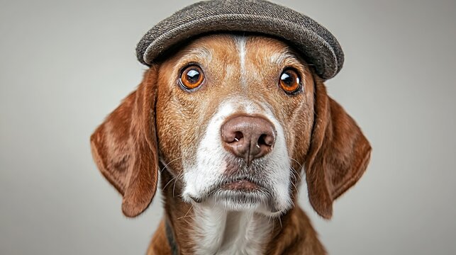 Brown and White Beagle Dog with Tweed Newsboy Cap in Studio Grey Background