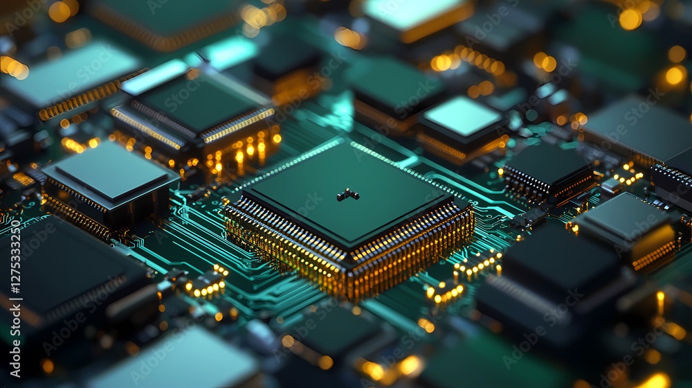 Poster complex circuit board with central processor chip in green and gold high-tech design
