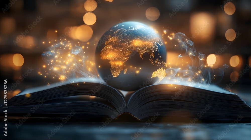 Leinwandbilder mockup of an open novel with a stylized globe nestled in the pages surrounded by calligraphy and sub