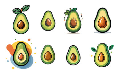 Sets icon collection of Cartoon style illustrations avocado halves with unique designs, featuring leaves, different backgrounds, and decorative elements, creating a vibrant and playful visual