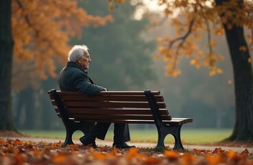 Lonely elderly man rests on bench in autumn park. Senior male sits alone surrounded by yellow foliage on fall season day. Contemplative mood of older man, peaceful nature scene.