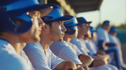 A baseball team gathered in the dugout during a tense playoff game. Featuring teamwork and focus