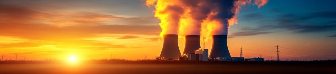 Fototapeta premium Powerful Nuclear Plant with Steam Rising in the Sunset. Generative AI