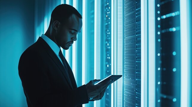 Business Professional Utilizing Tablet in Data Center with Futuristic Lighting