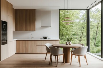 Modern kitchen dining area, forest view, sunlight (1)