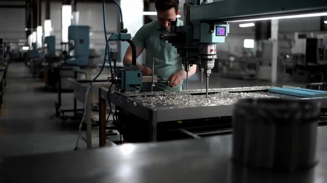 A machine is drilling the water channel of an injection mold, cutting through metal parts using the oil coolant method in a metal manufacturing factory