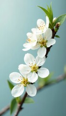White flowers blooming on a branch with a few leaves and stems, , branch