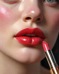 The girl paints her lips with red lipstick