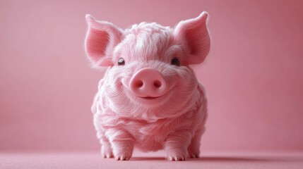 Fluffy piglet smiles, pink backdrop, studio shot, cute