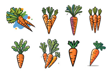 Sets icon collection of different cartoon style illustrations carrots, each with varying designs and colors, highlighting the diversity in artistic representation of a common vegetable