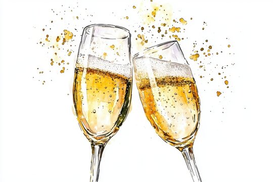 Two elegant champagne glasses clink together, celebrating joy and special moments. Sparkling bubbles and golden hues add to the festive atmosphere.