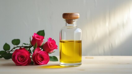 bottle containing yellow oil and rose flowers