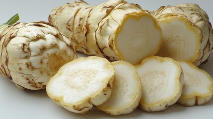 Sliced Jerusalem Artichokes with Fresh White Background. Generative AI