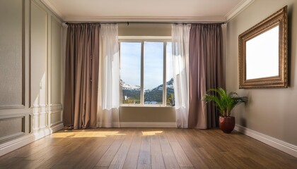Cozy Interior Scene Draped Curtains Frame an Evening Scene through a Window, Featuring a Realistic Mockup of a Painted Photo, Bathed in Soft Hues and Radiating Tranquil Ambience.