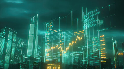 Fototapeta premium A futuristic city skyline with digital charts reflecting business growth, financial forecasts, and corporate evolution. Glowing data overlays highlight economic trends and company performance