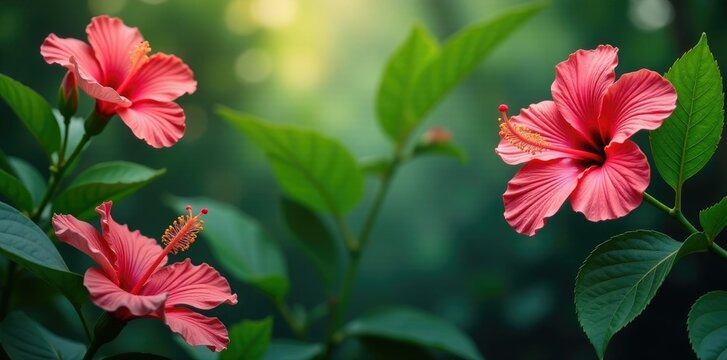 Tropical garden with hibiscus flowers in full bloom, bloom, foliage, botanical