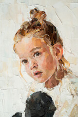 Portrait of a little cute girl. Child's face on a white background. Oil painting on canvas.