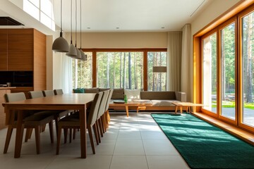 Modern dining room, sunlight, forest view, home design