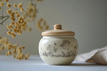 Vintage Cream Ceramic Jar with Floral Design