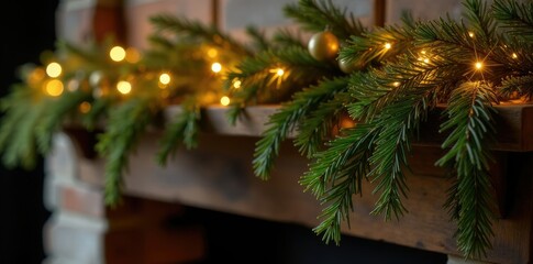 Sparkling golden mistletoe draped over a rustic mantel, decoration, festive, wooden