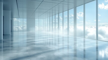 Bright Empty Modern Office Space with Panoramic Cloud View