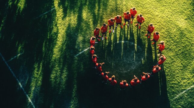 Aerial View of Soccer Team in Red Uniforms Forming a Circle on Grass Field