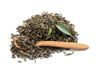 Wooden spoon with dried green tea leaves on white background