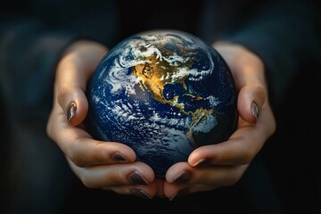Fototapeta premium A serene close-up of female hands holding an intricately detailed Earth globe, perfect for environmental campaigns, eco-awareness events, or global initiatives.