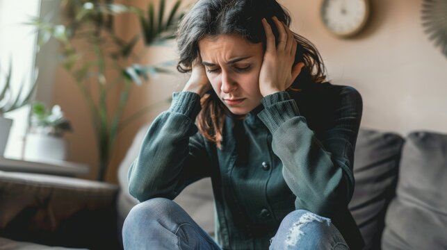 Person sitting alone in a room, holding head with both hands, showing deep emotional distress and inner turmoil, isolated and contemplative moment.