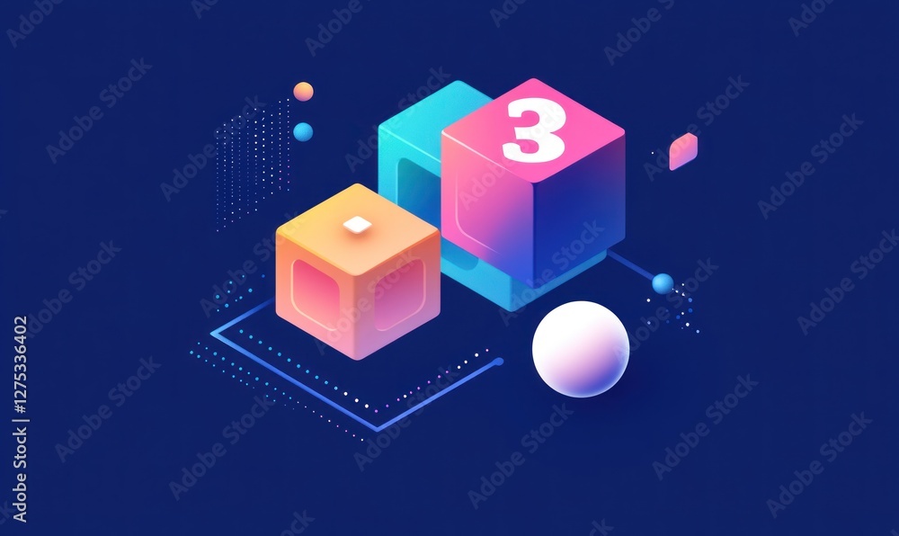 Poster abstract isometric 3d illustration of three colorful cubes with number three, representing data, tec