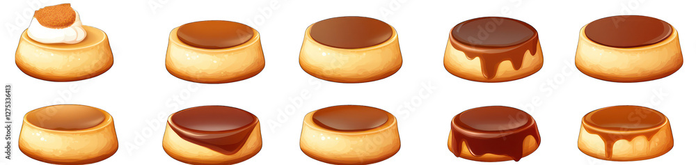 Poster set of small flan desserts with caramel sauce top view and cross section isolated on transparent bac