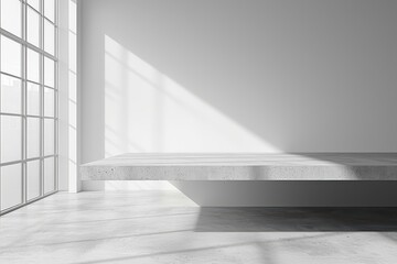 Fototapeta premium Minimalist Interior Space with Concrete Platform and Natural Light Streaming Through Large Windows