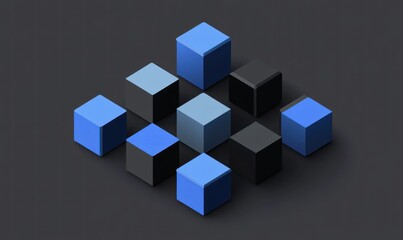 Obraz premium Abstract isometric arrangement of blue and black cubes on dark background.