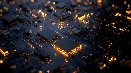 Close-up of a Circuit Board with Glowing Components