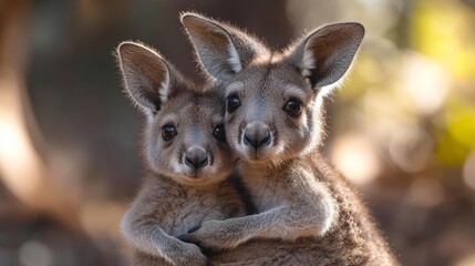 Fototapeta premium Two Kangaroos Hugging with an Affectionate Pose in Natural Habitat. Generative AI