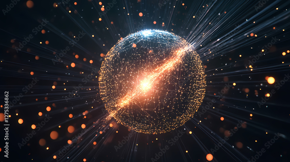 Aufkleber glowing grid sphere in dark space with sparkling particles