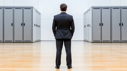 Businessman in Dark Suit Standing in a Modern Server Room