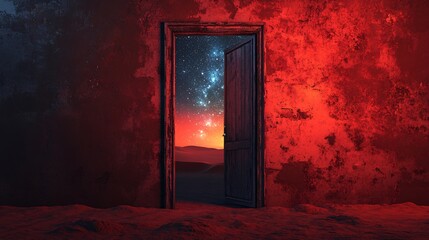 Mysterious Doorway Opening to a Starry Universe with Red Glow