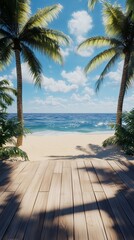 Fototapeta premium A luxurious wooden deck overlooking a tropical beach with palm trees swaying