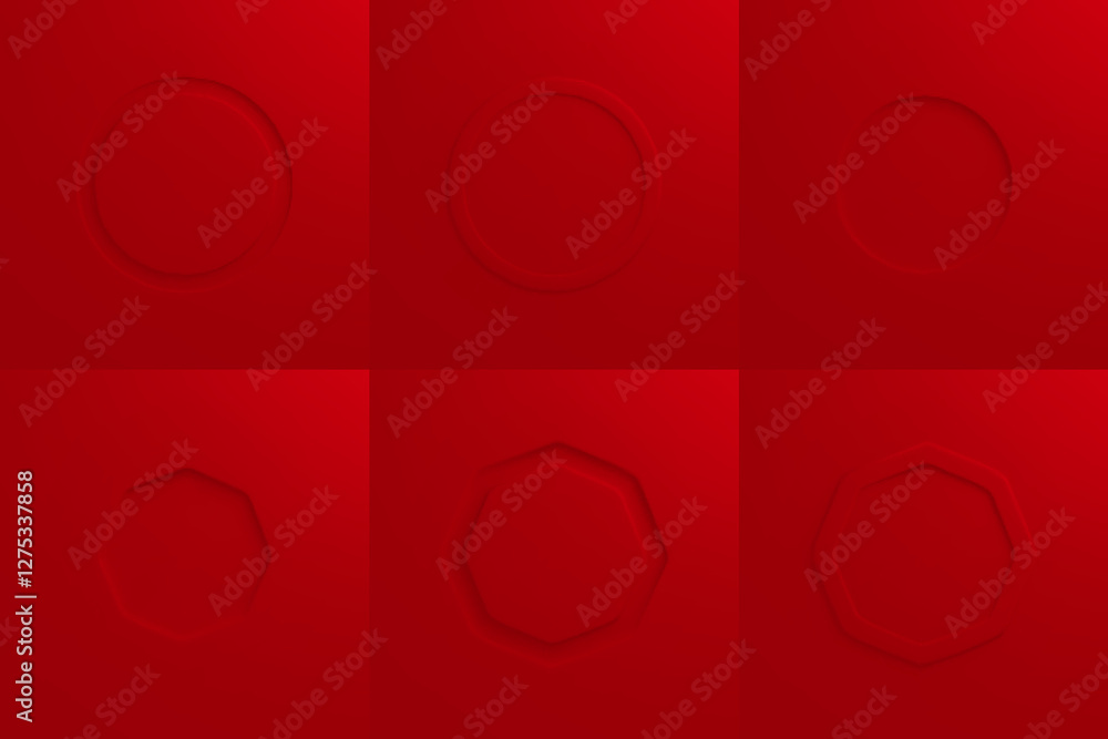 Poster red embossed geometric frames set with circular and polygonal shapes, dimensional relief patterns on
