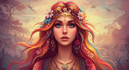 Hippie Girl with Rainbow Hair and Flower Crown in Dreamy Landscape
