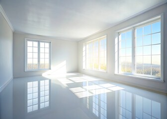 Fototapeta premium Peaceful sunlight streams into a minimalist white interior, casting gentle shadows.