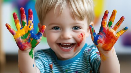Young Boy Smiling and Showing His Hands Covered in Vibrant Paint Colors