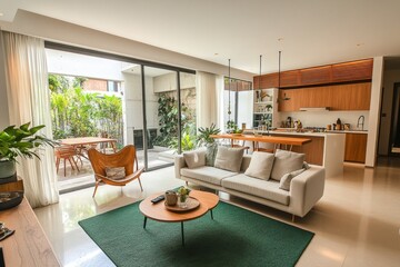 Modern living room, open kitchen, garden view, tropical home, real estate